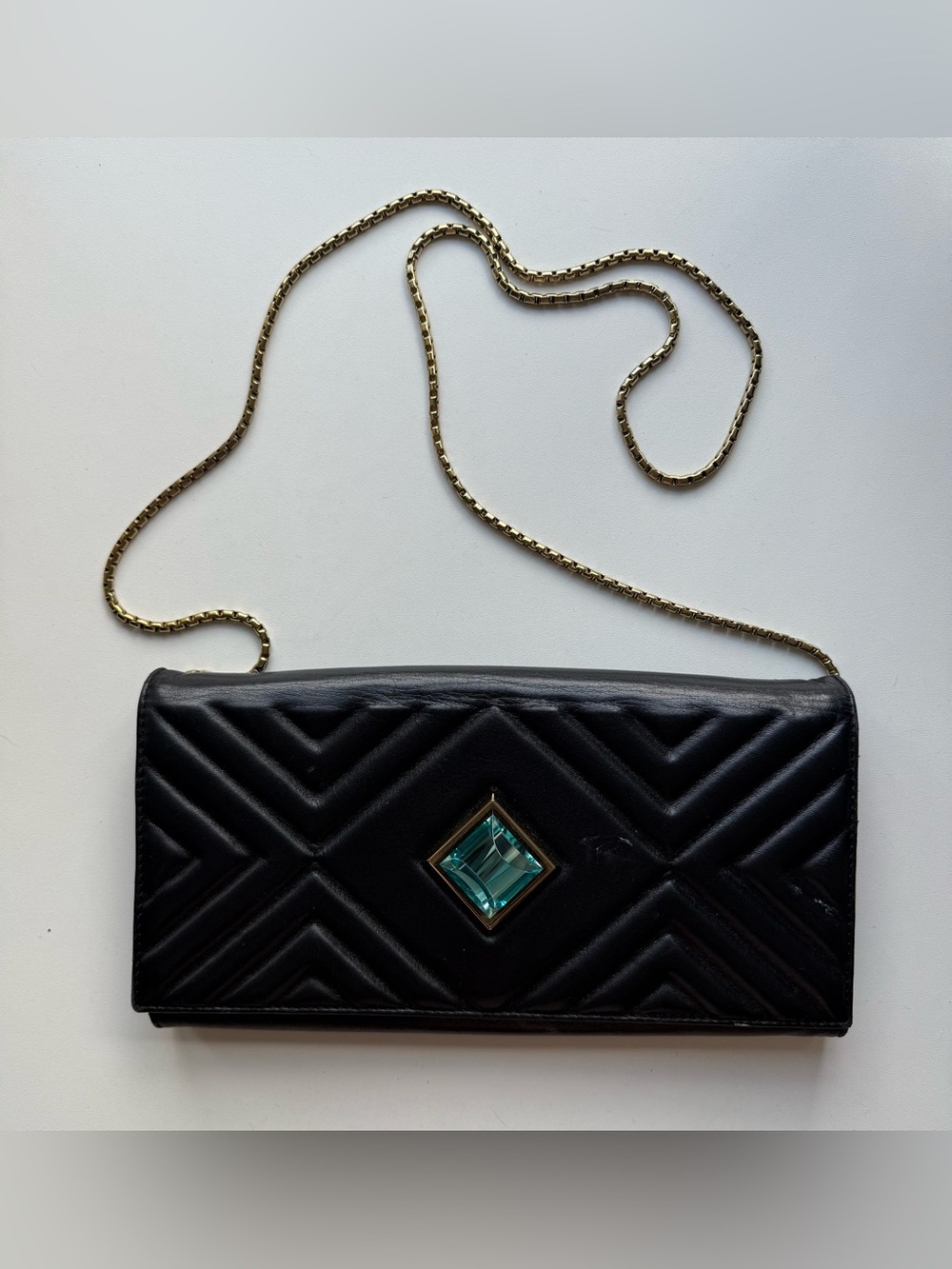 Black Quilted Chain purse/clutch with Teal Gem Accent